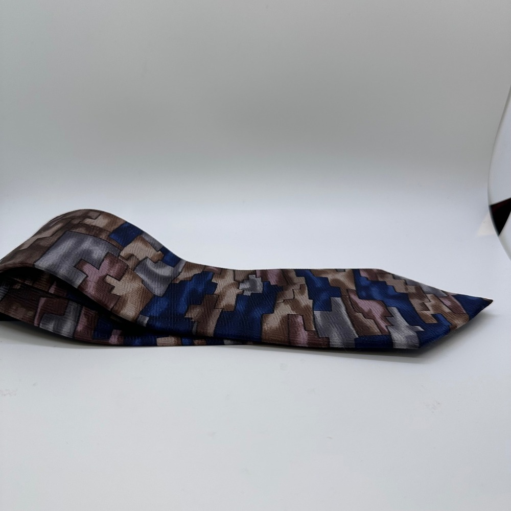 Fratello Necktie Blue Brown Abstract Geometric Pattern Silk Blend Tie - Picture 5 of 12
